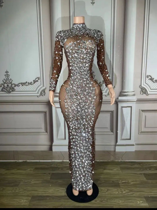 CRYSTAL RHINESTONES NUDE DRESS