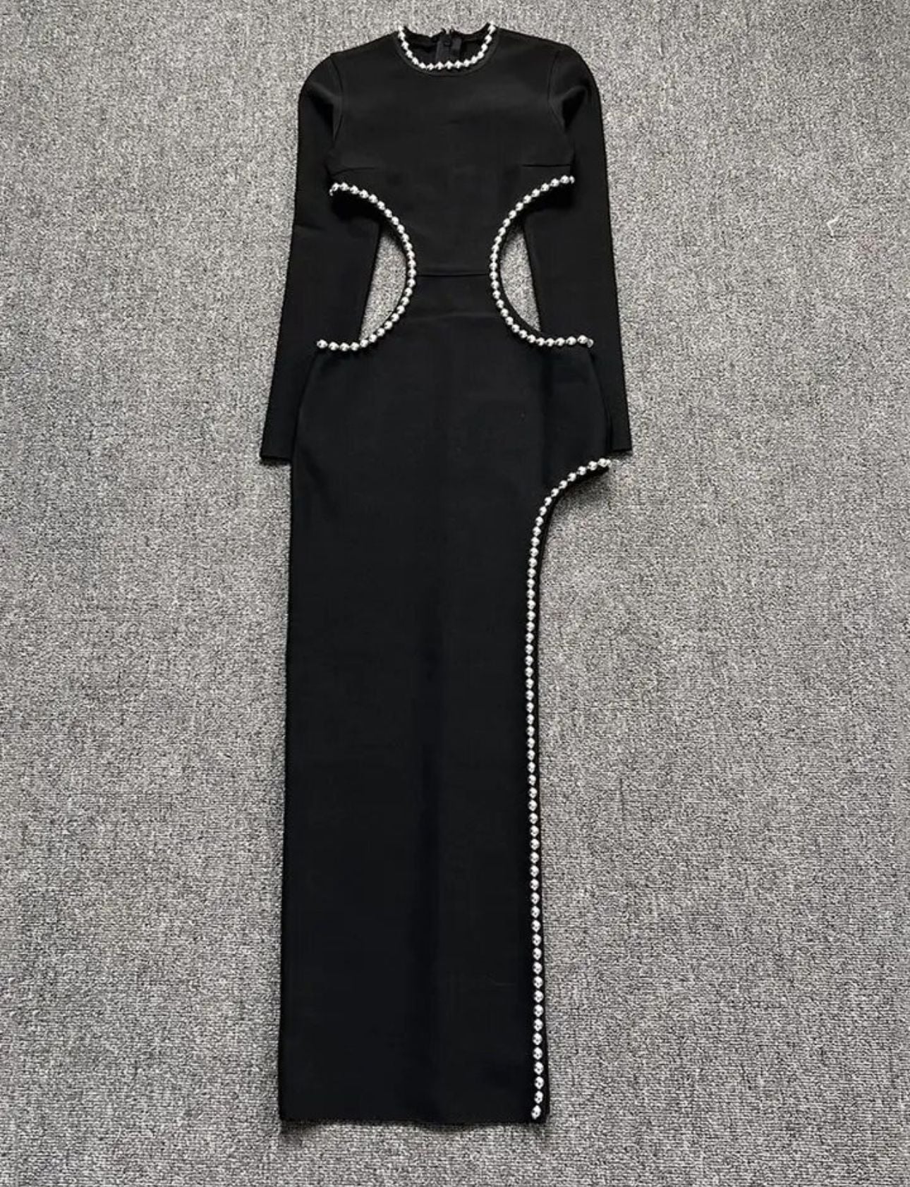 O NECK CUTOUT  BEADED LONG BODYGARD DRESS.