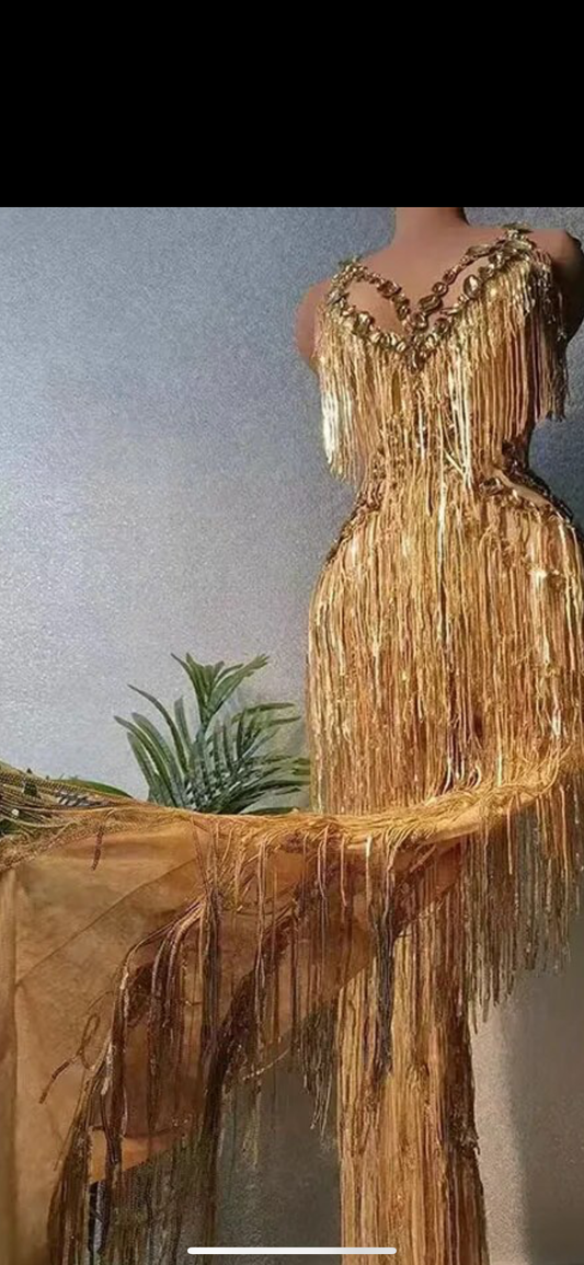 VEGAS FRINGED GOLD JUMPSUIT