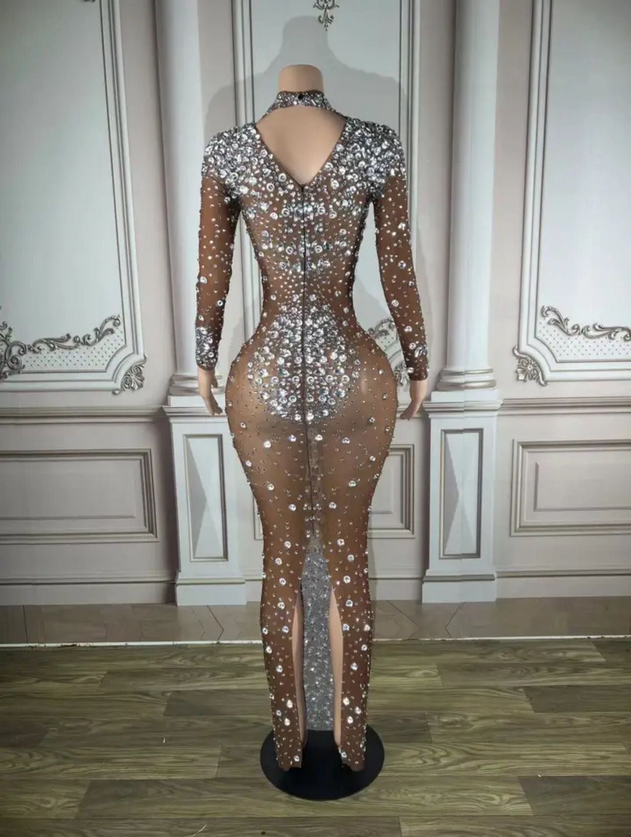 CRYSTAL RHINESTONES NUDE DRESS